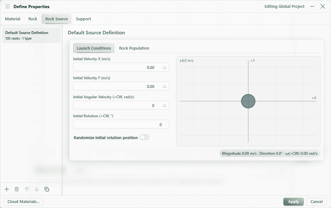 Rock Source Launch Conditions tab showing velocity, rotation, and a launch-vector preview.