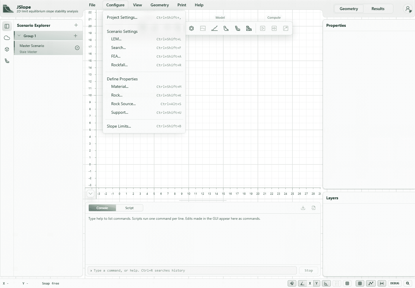Configure menu showing project settings, scenario settings, material, rock, rock source, support, and slope limits.