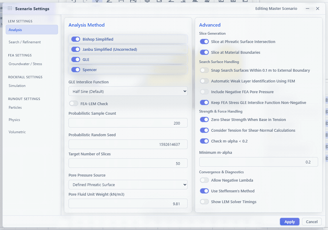 Scenario Settings Analysis page with method switches, slice count, pore-pressure source, and advanced settings.