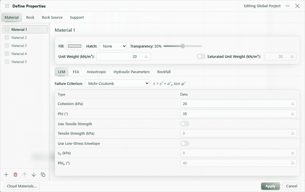 Material strength editor with unit weight, cohesion, friction angle, and Mohr-Coulomb failure criterion.