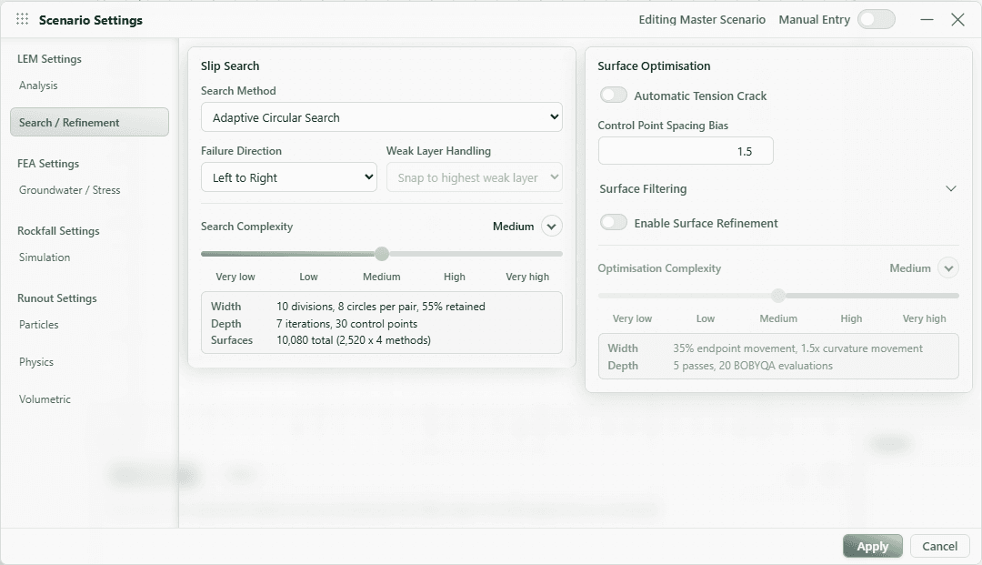Search and Refinement settings showing Adaptive Circular Search, failure direction, search complexity, and Surface Refinement.