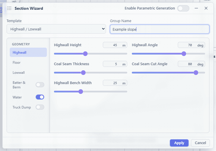 Section Wizard displaying Highwall/Lowwall dimensions and a section preview.