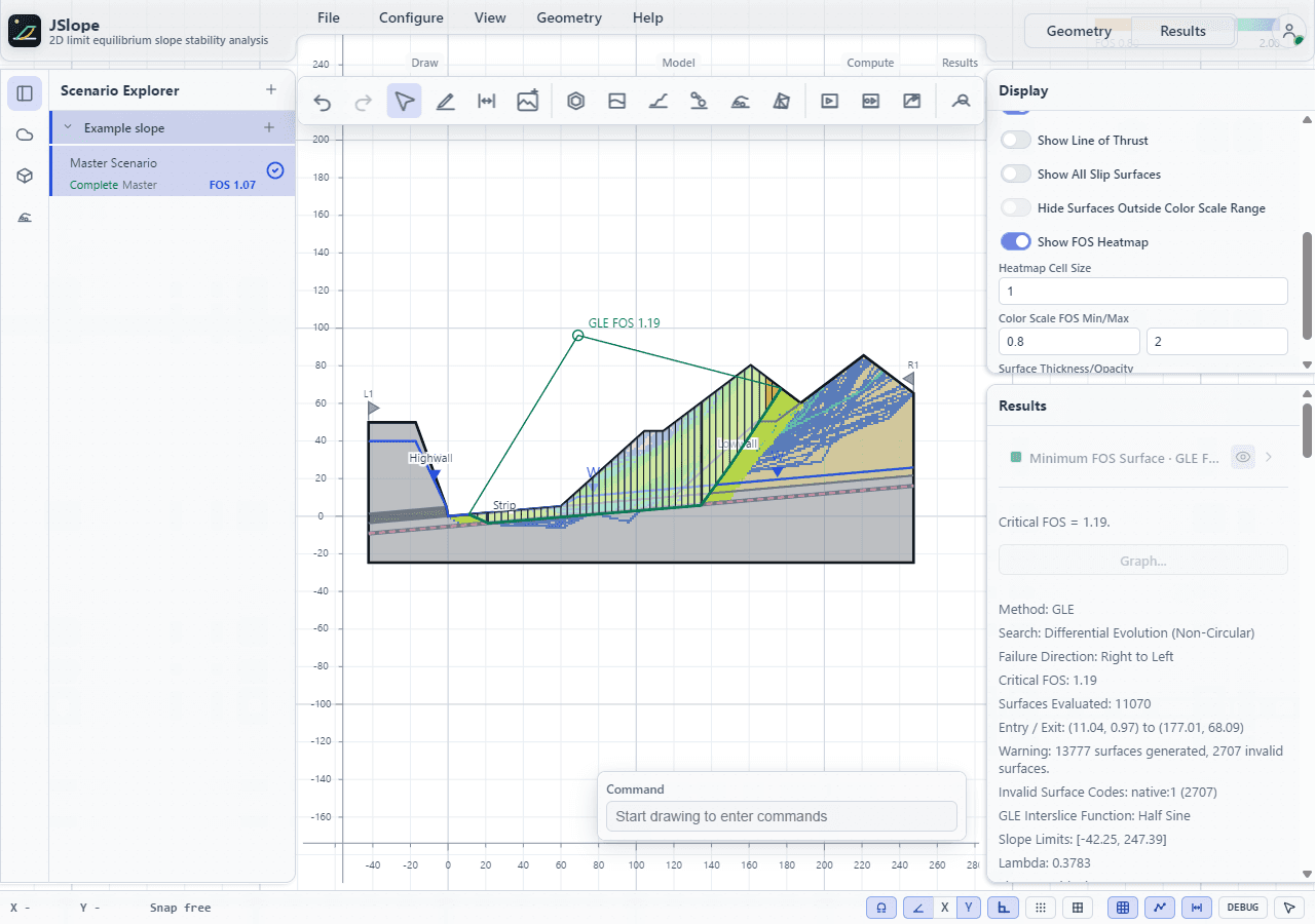 Slope section with factor-of-safety heatmap and heatmap cell size and colour scale controls.
