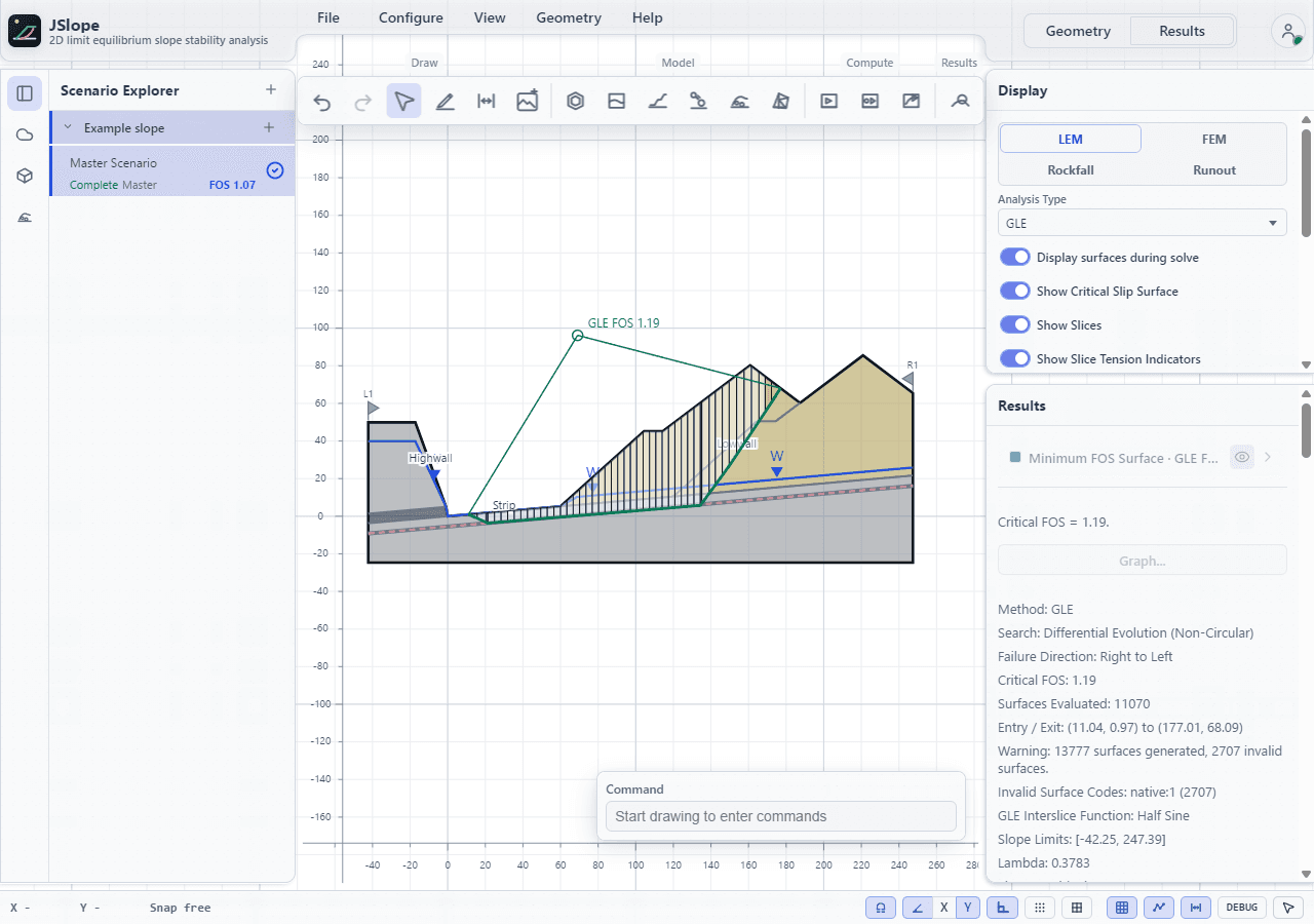 Completed slope analysis with critical slip surface, slices, and GLE factor of safety.