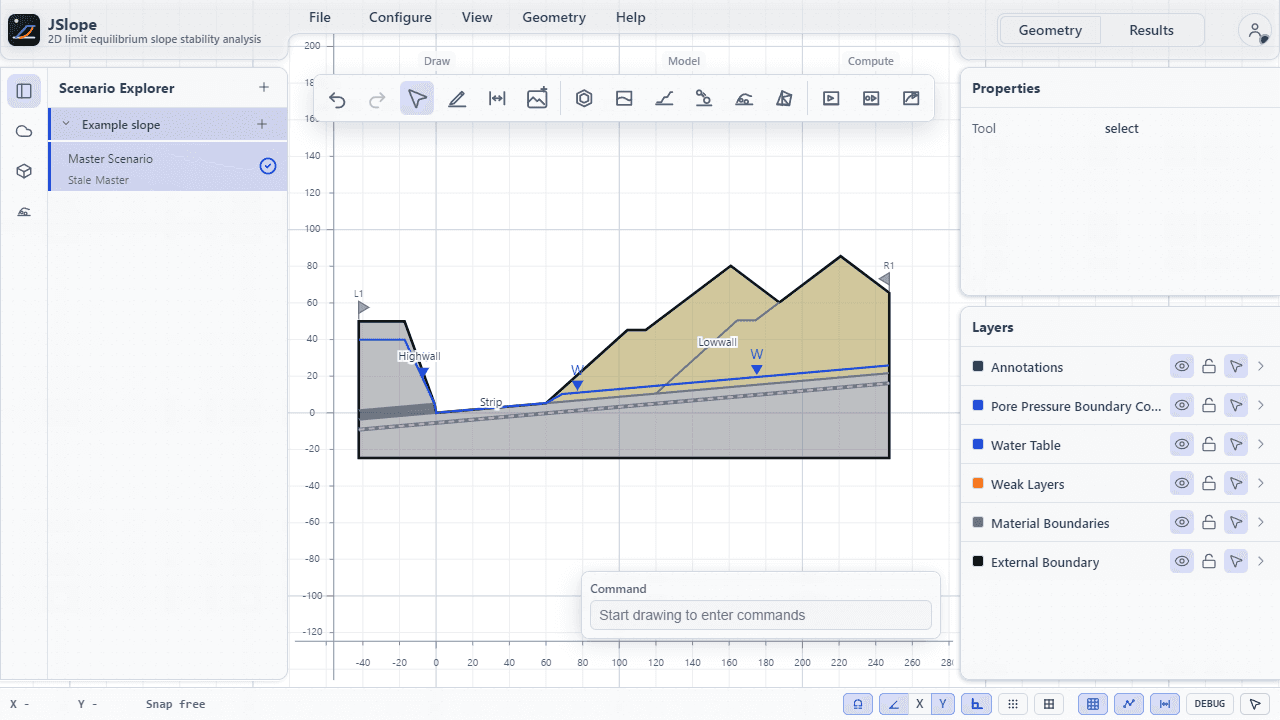 JSlope workspace with Scenario Explorer, geometry toolbar, cross-section, and Properties and Layers panel.
