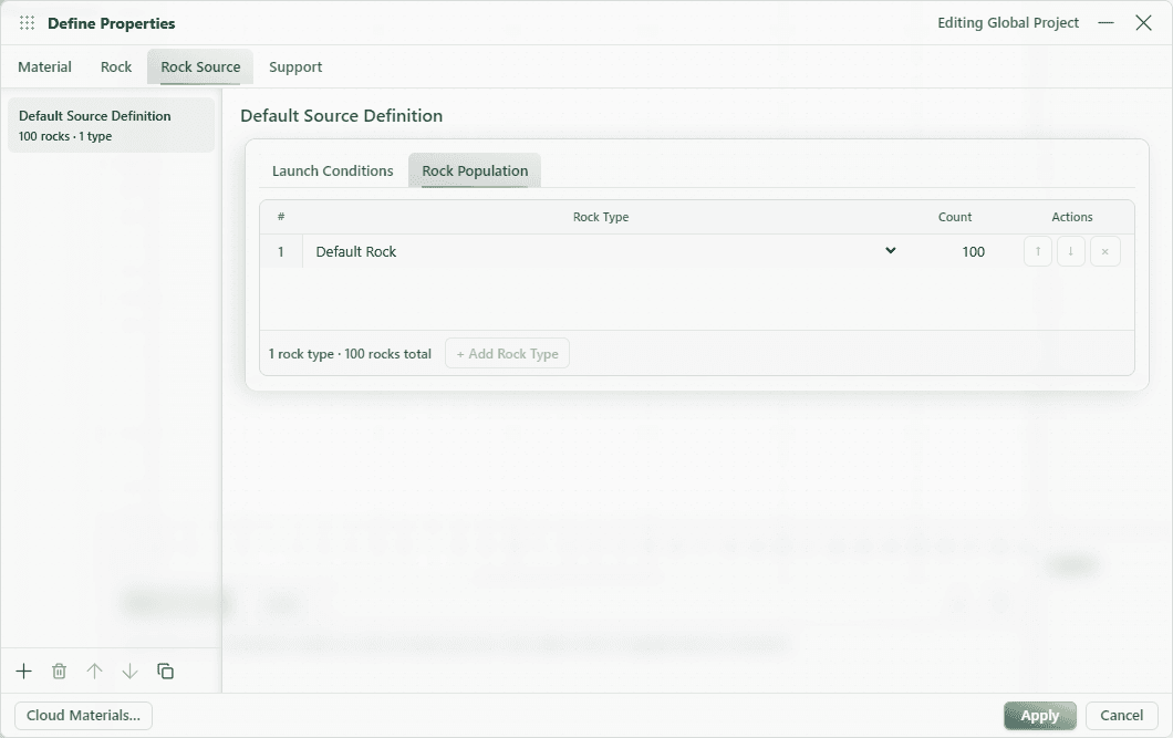 Rock Source population editor showing one rock type and a release count of 100.