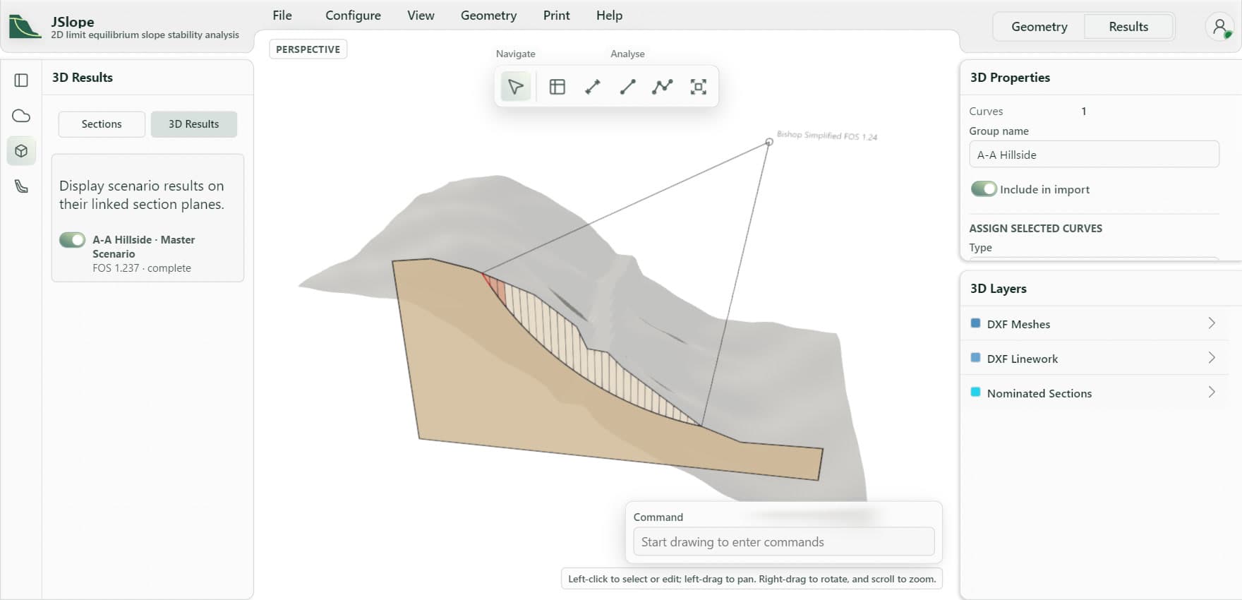 JSlope 3D results view of a hillside with an analysed section standing on its plane, showing the material, the slices of the critical slip surface and a Bishop simplified factor of safety of 1.24.