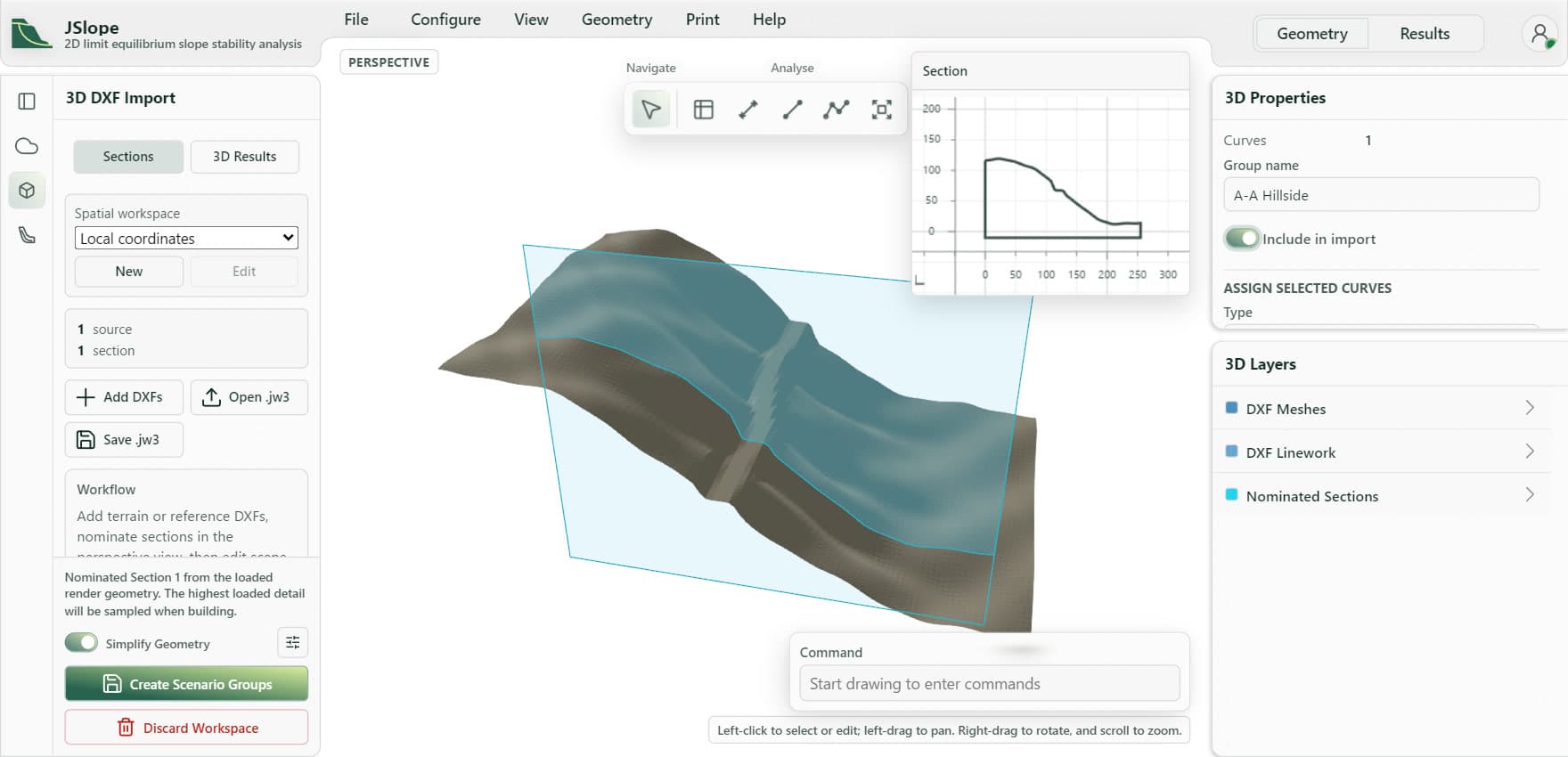 JSlope 3D DXF import view of a hillside with gullies and a haul-road bench, a nominated section plane across it and a preview of the section profile.