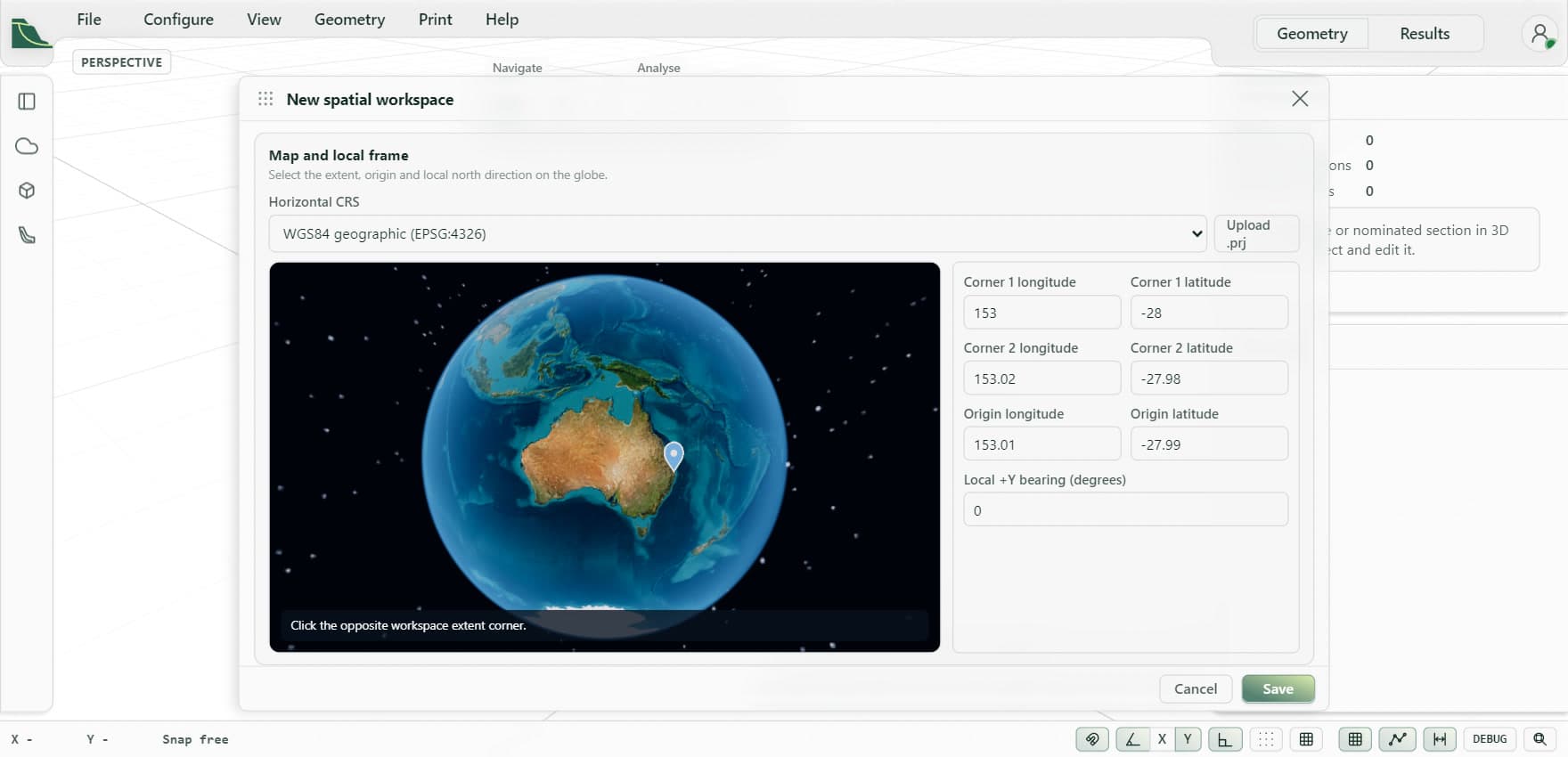 JSlope new spatial workspace dialog with an imagery globe centred on Australia, a site pin near Brisbane, and fields for the coordinate system, extent corners, origin and bearing.