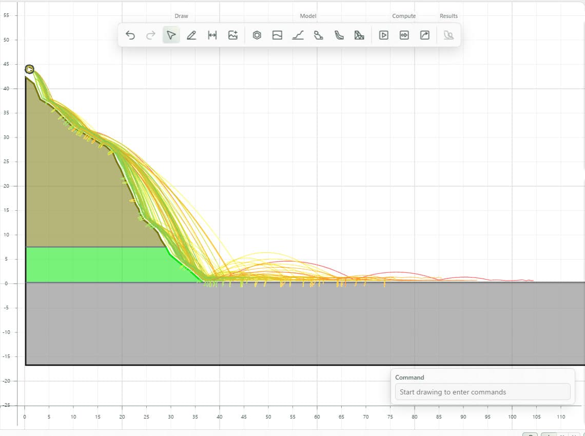 JSlope rockfall view with rock trajectories down a slope, coloured by travel distance.