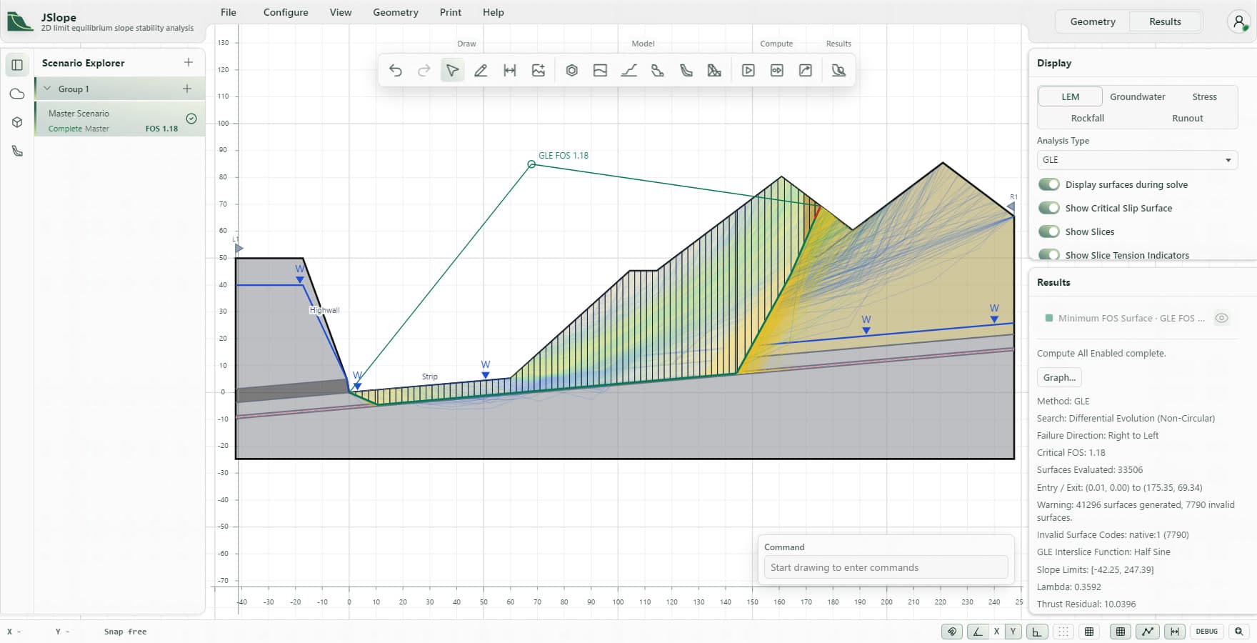 JSlope results view of a highwall and lowwall section with thousands of trial slip surfaces, the critical surface divided into slices, the water table and the results panel.